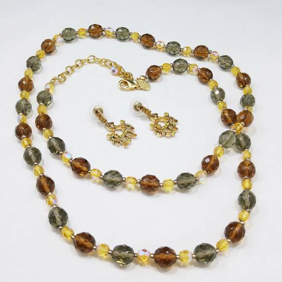 Joan Rivers Yellow Topaz Green Glass Bead Necklace & Post Drop Earrings, 1990s - Picture 3 of 10